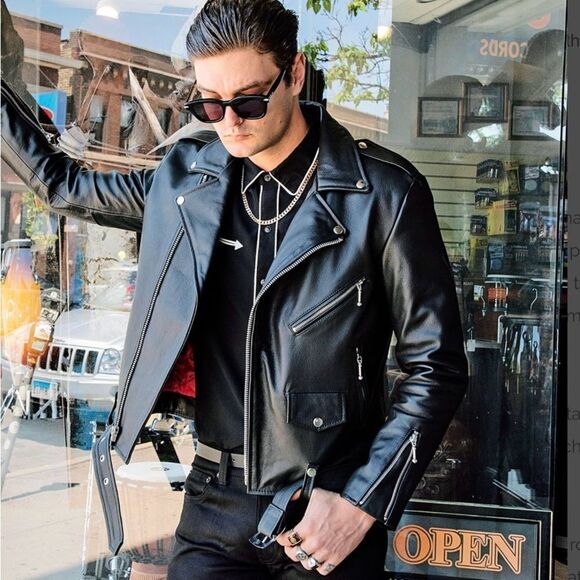 J & J Mens Black Belted Leather Motorcycle Quilted Lined Jacket Black S / 38